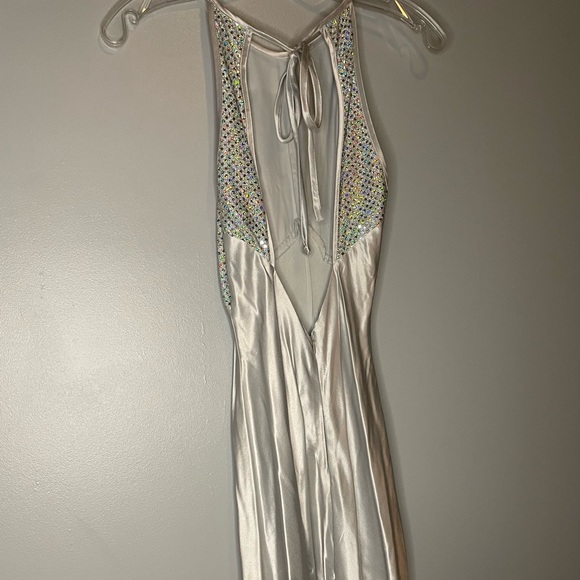 Silver Formal Dress with Sequin Top and Tie Back - Picture 7 of 13